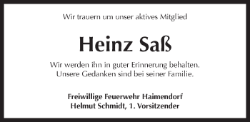 Traueranzeige von Heinz Saß von Pegnitz-Zeitung